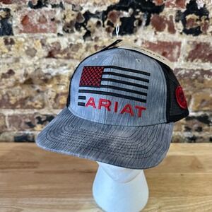 Ariat Mens Gray Red Flag Logo Adjustable Snapback Cap Hat NEW